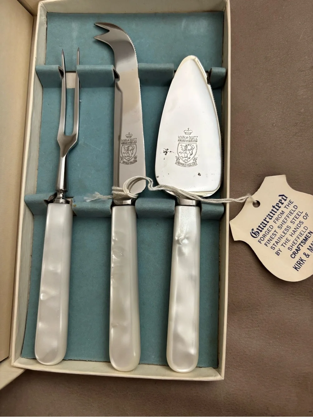 Vintage Kirk & Matz Sheffield 3pc Carving Set Pearlex Knife Fork Sharpener